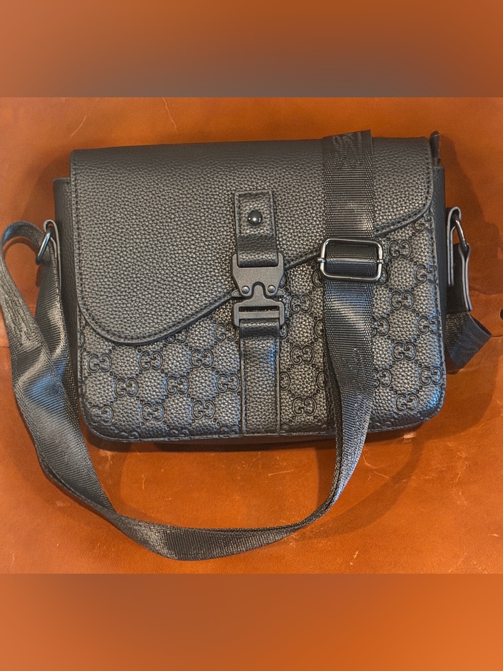 Inspired Black GG Embossed Messenger Bag